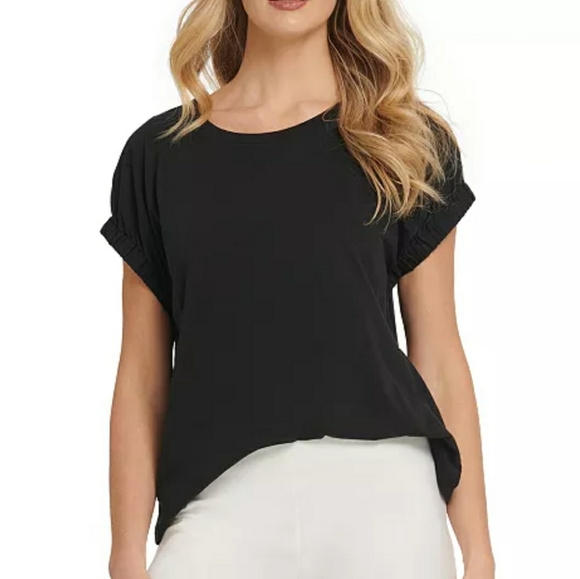 DKNY Cinched Sleeve Elastic Cuff Blouse Top in Navy Blue - Picture 11 of 13